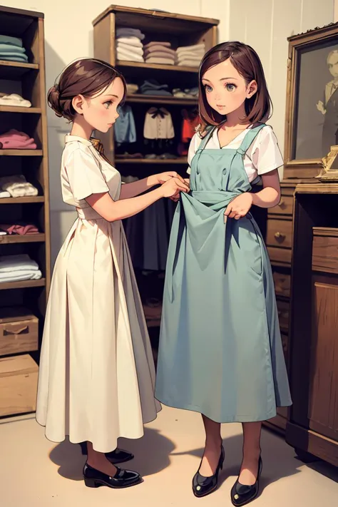 two women in dresses are standing in a closet with a mirror