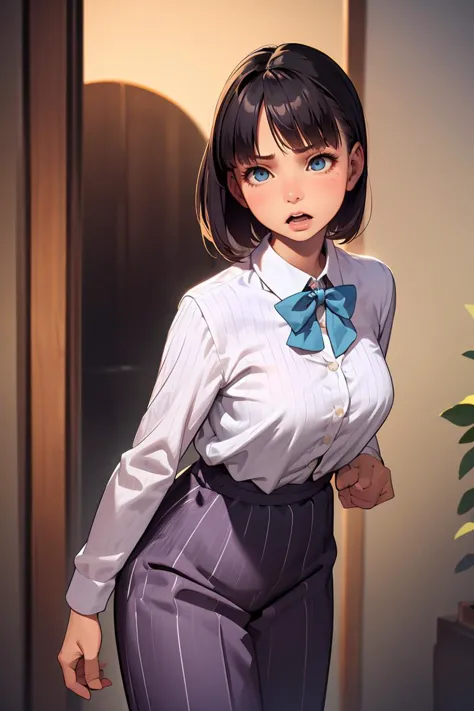 anime girl in a white shirt and blue bow tie standing in front of a door