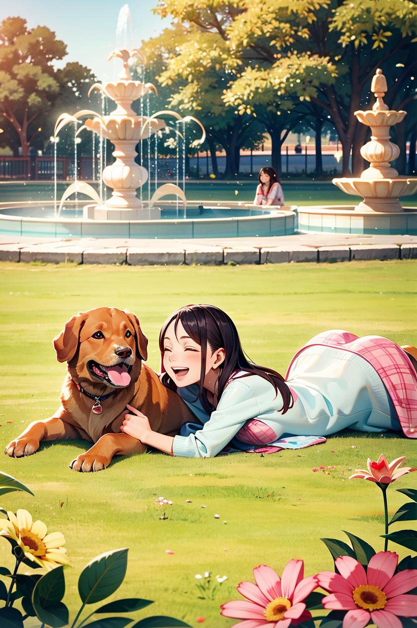 Anime girl with two dogs and a man in a park - SeaArt AI