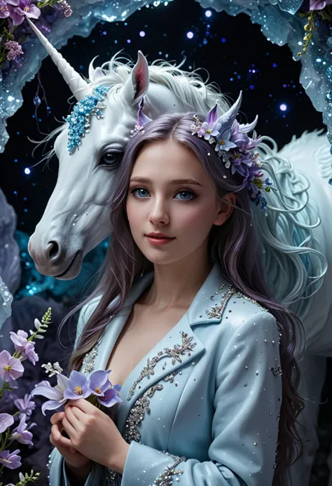 (medium full shot) of (mystical winged unicorn), violet eyes, sky blue sleek coat, twisted horn, straight mane, ethereal glow delicate flowers, set in  a spacious crystal cave, with glittering crystals, soft blue light, a serene atmosphere, under the moonlight, woman smiling, ,Masterpiece,best quality, photo, realistic, very aesthetic, detailed face,