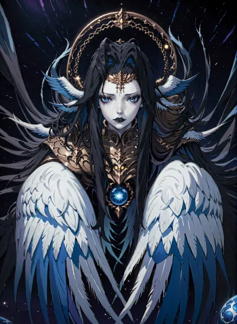 1girl,  solo,  armor,  male focus,  black hair,  black lips,  blue skin,  endsinger,  fantasy,  head wings,  long hair,  looking at viewer,  night,  night sky,  orb,  pale skin,  pointy ears,  wings, <lora:EndSinger:0.8>