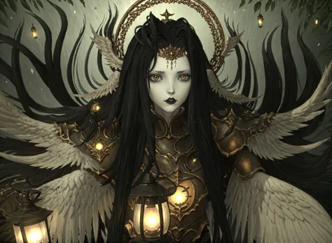 Endsinger, 1girl, armor, black hair, black lips, blurry, fantasy, lantern, long hair, looking at viewer, makeup, pale skin, solo, upper body, wings<lora:EndSinger:0.8>