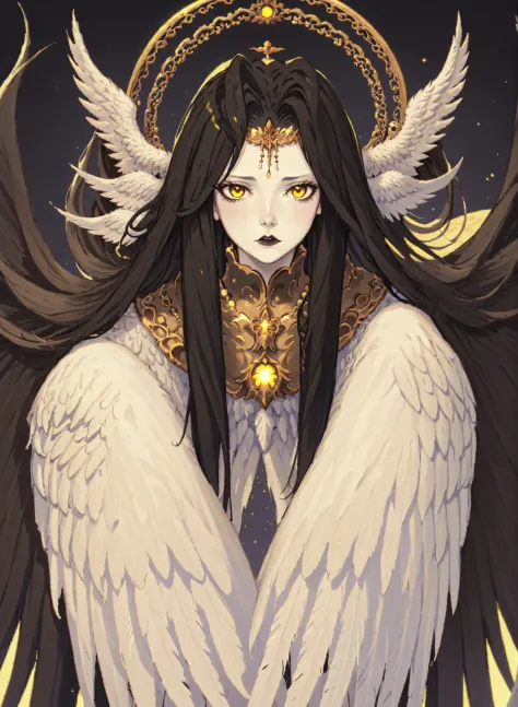 Endsinger, 1girl, angel, angel wings, black hair, black lips, brown hair, closed mouth, colored skin, feathered wings, head wings, long hair, looking at viewer, multiple wings, pale skin, portrait, solo, very long hair,  white skin, white wings, wings, yellow eyes, <lora:EndSinger:0.8>