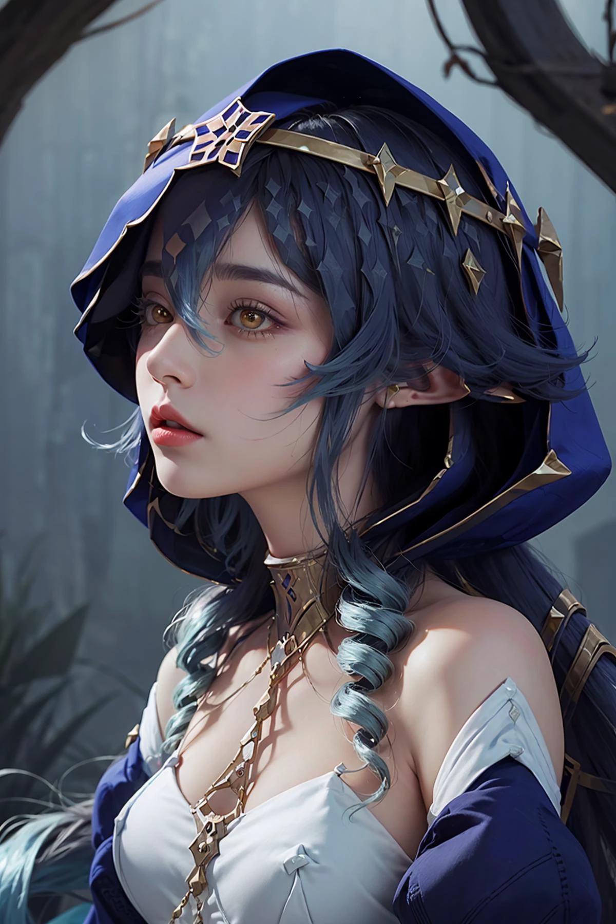 layladef, layla (genshin impact),
1girl,solo, long hair,realistic, blue hair,lips,profile,portrait,closed mouth,nose,from side, best quality, masterpiece, illustration, an extremely delicate and beautiful, extremely detailed ,CG,unity,8k wallpaper, Amazing, finely detail, masterpiece, best quality,official art,extremely detailed CG unity 8k wallpaper,absurdres, incredibly absurdres, huge filesize , ultra-detailed, highres, extremely detailed,beautiful detailed girl, extremely detailed eyes and face, beautiful detailed eyes,light on face, upper body,
outdoors, outside, day, egypt, forest, desert,