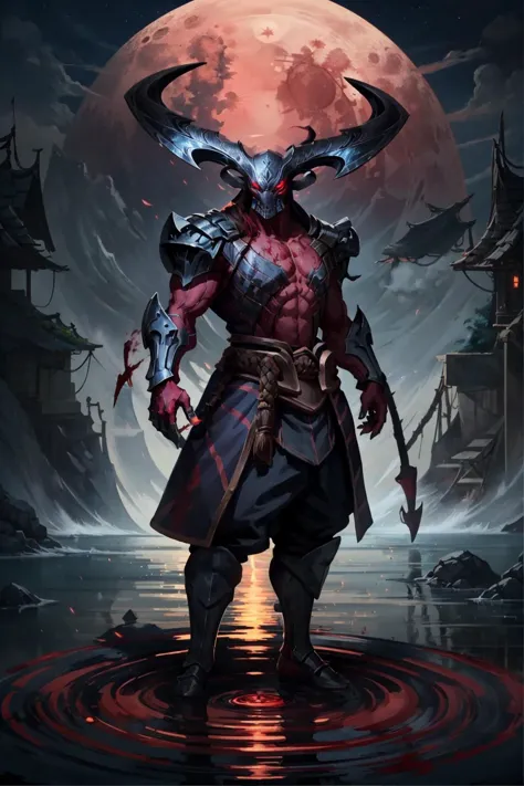 rhaast, monster, horns, red skin, glowing eyes, red eyes, armor, blood, solo, detailed face, looking at viewer, cowboy shot, upper body, outdoor, red moon, tower, (masterpiece:1.2, best quality)