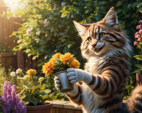 furry, SFW, anthropomorphic,  Siberian forest cat holding a potted flower, garden, day time, smiling, happy, HD, detailed, masterpiece,  high quality,