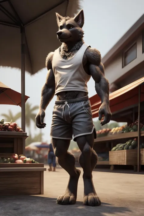 anthro dog male (furry body:1.1) handsome in the market buying produce shorts tank top detailed fur long fur realistic fur detailed paws 3d render hd 8k sharp focus