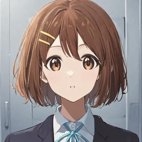 anime girl with brown hair and a blue tie in front of a door