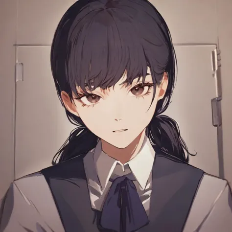 anime girl with long black hair wearing a school uniform and a tie