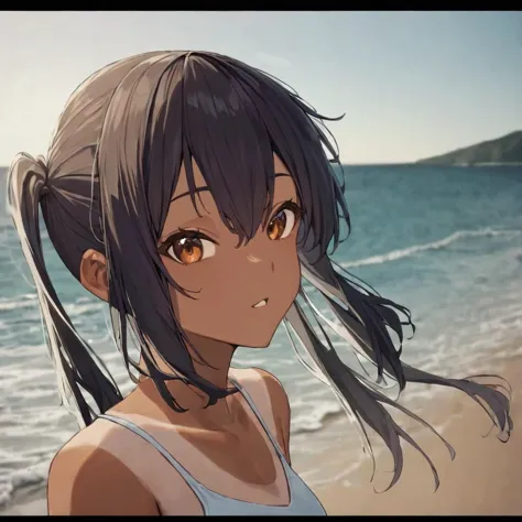 anime girl with long hair standing on the beach looking at the ocean