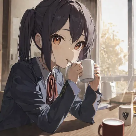 anime girl drinking coffee in a cafe with a view of the city