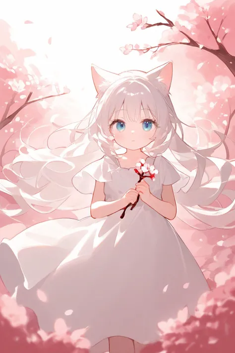 anime girl with white hair and blue eyes holding a flower