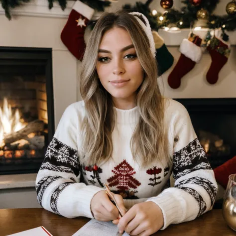 <lora:qtcinderella_sd15_512_128_64_v1:1> qtcinderella, 1girl blonde long weavy hair, wearing a christmas sweater, christmas decoration in background, lit fireplace in background