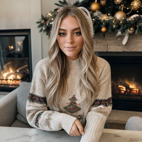 a woman sitting at a table with a christmas tree in the background