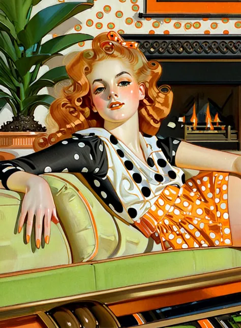 painting of a woman sitting on a couch in a living room