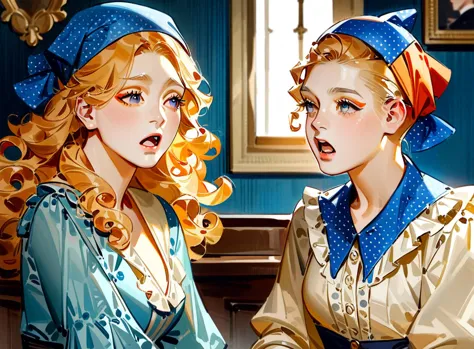 <lora:j_c_leyendecker_style_v3:1>leyendecker, realistic, masterpiece, best quality, very aesthetic, absurdres, two women, ginger...