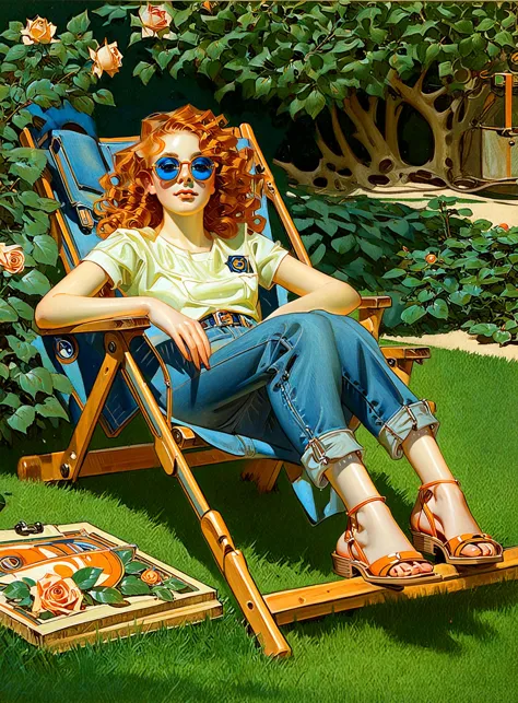 painting of a woman sitting in a lawn chair with a book