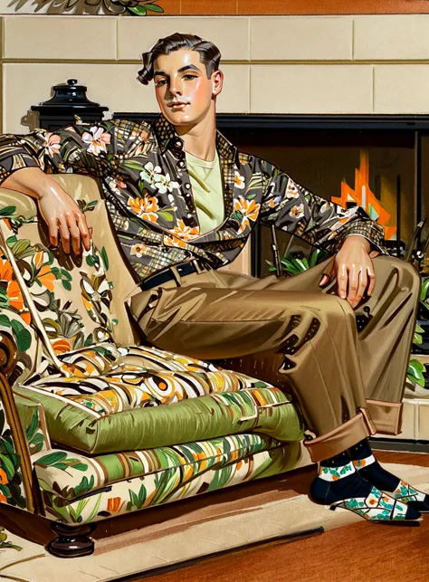 arafed man sitting on a chair in a living room with a fireplace