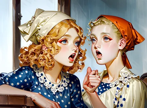 leyendecker, realistic, masterpiece, best quality, very aesthetic, absurdres, two women, ginger, blonde, curly hair, talking, op...