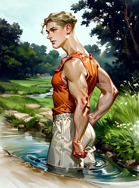 leyendecker, realistic, masterpiece, best quality, very aesthetic, absurdres, 1boy, solo, orange tank top, white shorts, looking...