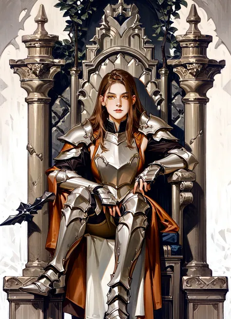 a close up of a woman in armor sitting on a throne