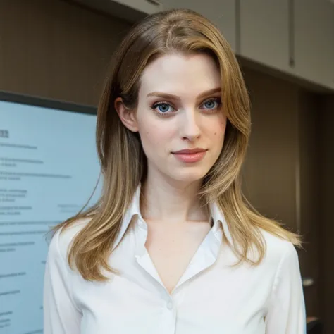 there is a woman standing in front of a poster with a white shirt