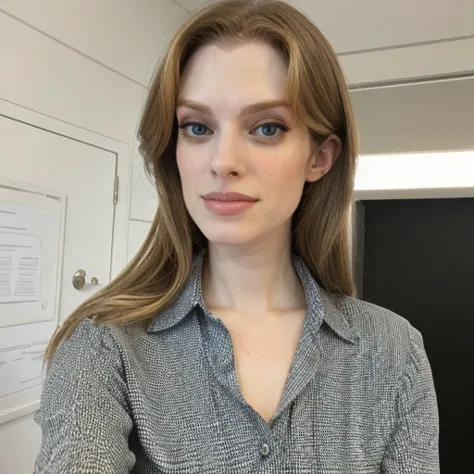 a close up of a woman with long hair wearing a shirt