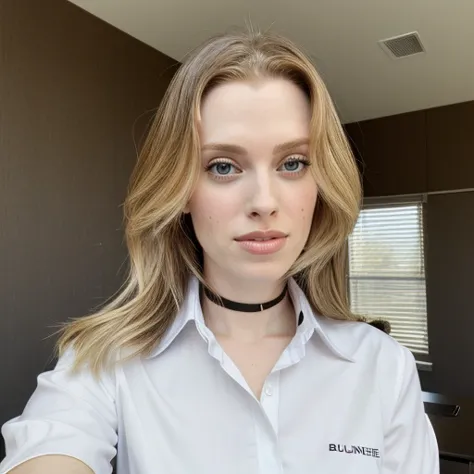 a close up of a woman in a white shirt taking a selfie