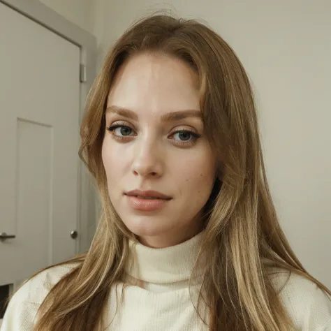 a close up of a woman with long hair and a white sweater