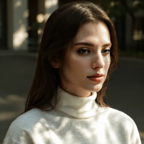 arafed woman in a white turtle neck sweater standing on a street