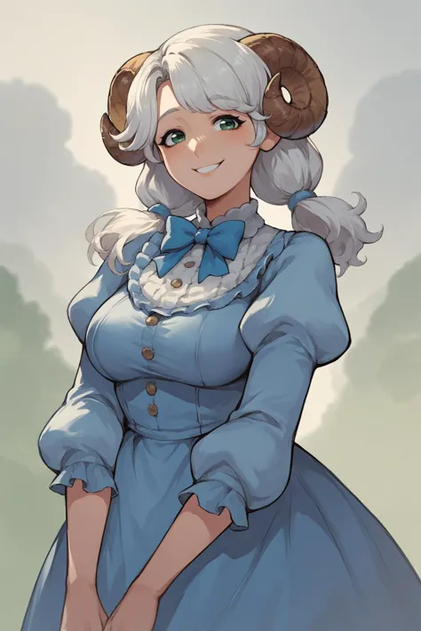 source_anime, score_9, score_8_up, solo, 1girl, <lora:NSCarolineStardew:1> NSCarolineStardew, white hair, low twintails, mature, light blue dress, puffy sleeves, bowtie, frills, smile, sheep horns, sheep girl