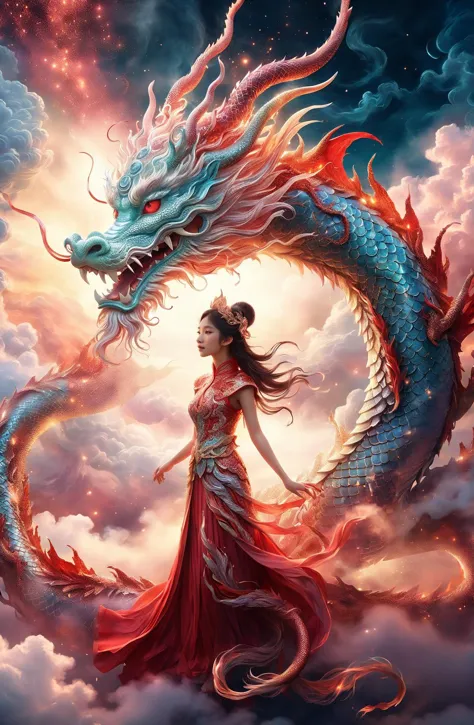 qualité incroyable, chef-d&#39;œuvre, Meilleure qualité, hyper détaillé, ultra détaillé, UHD, DOF, profondeur de champ, HDR, anatomie parfaite en gros plan, portrait tête de dragon, Planant à travers les nuages et la brume, sur le nuage, coucher de soleil, ciel mystique, 
une fille debout avec un dragon, toucher le dragon, (Pose élégante:1.2), Joyeux, j&#39;espère que la lumière, lumière de fond, (caresse:1.4),
bras tendu, main tendue, regarder le spectateur, sourire, Radieux, porter un cheongsam, embrasser le dragon,
embrasé, éblouissant, briller, translucide,
extrêmement détaillé, 
RougeGlitter, 
encre tourbillonnante, 
zavy-chnsdrgn, 
 Sask._fantaisie,