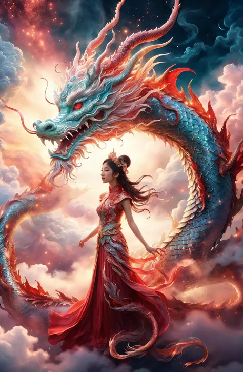 a woman in a red dress is standing next to a dragon