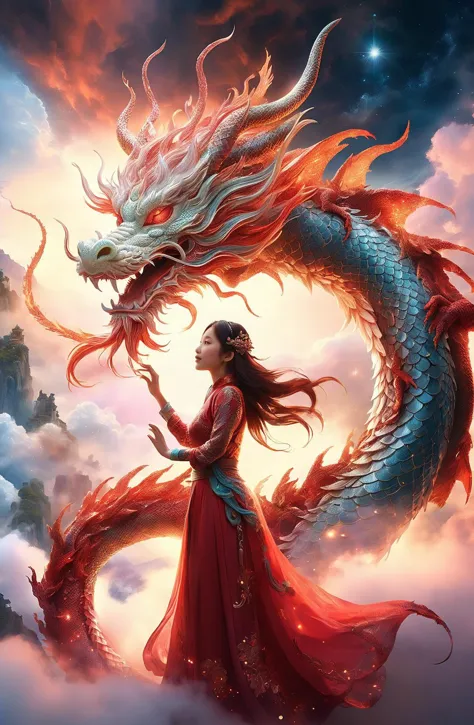 amazing quality, masterpiece, best quality, hyper detailed, ultra detailed, UHD, DOF, depth of field, HDR, perfect anatomy
close up, dragon head portrait, soaring through the clouds and mist, over the cloud, sunset, mystical sky, 
a girl standing with a dragon, touch the dragon, (stylish pose:1.2), joyful, hope light, background light, (caress:1.4),
outstretched arm, outstretched hand, looking at viewer, smile, beaming, wearing cheongsam, hug the dragon,
glowing, dazzling, shine, translucent,
extremely detailed, 
RedGlitter, 
zavy-chnsdrgn, 
 SK_Fantasy,