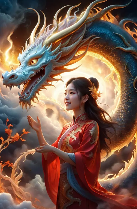 amazing quality, masterpiece, best quality, hyper detailed, ultra detailed, UHD, DOF, depth of field, HDR, perfect anatomy
close up, dragon head portrait, (white hybrid gold) dragon, soaring through the clouds and mist, over the cloud,( sunrise:1.2), mystical sky, 
a girl standing with a dragon, touch the dragon, (stylish pose:1.2), joyful, hope light, background light, (caress:1.4),
outstretched arm, outstretched hand, looking at viewer, smile, beaming, wearing red cheongsam, hug the dragon,
glowing, dazzling, shine, translucent, long skit, long hair, wing blow, gold, (sparking, light particles:1.2),
DTstyle, 
extremely detailed, 
DonM3t3rn1tyXL 
zavy-chnsdrgn, 
SK_Fantasy,