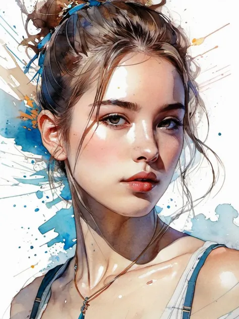 a painting of a woman with a messy bun in her hair