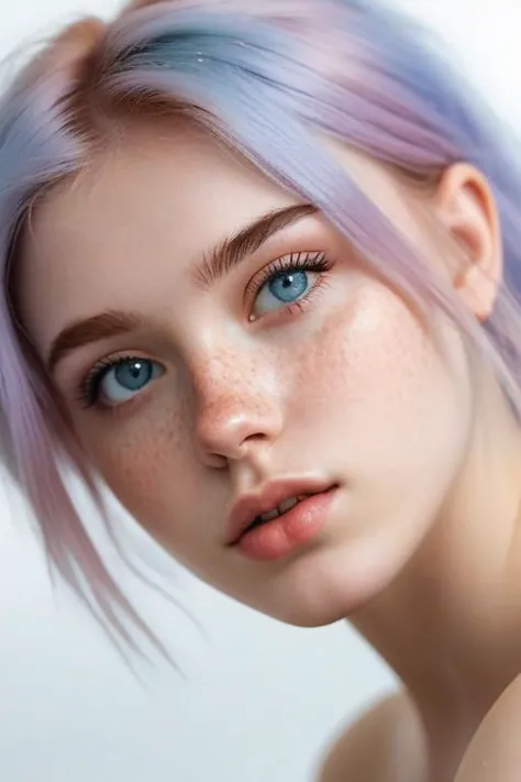 a close up of a woman with freckles and blue eyes