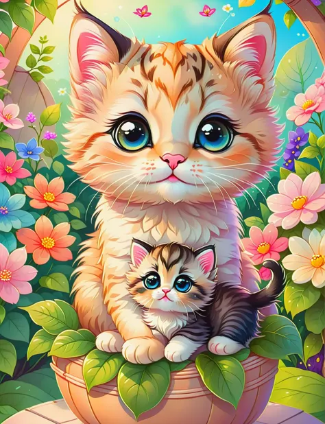 <lora:SDXLCutePets:1> cutepets, (a mommy kitty holding her kitten:1.2), lush garden background, vibrant colors, kawaii, high qua...