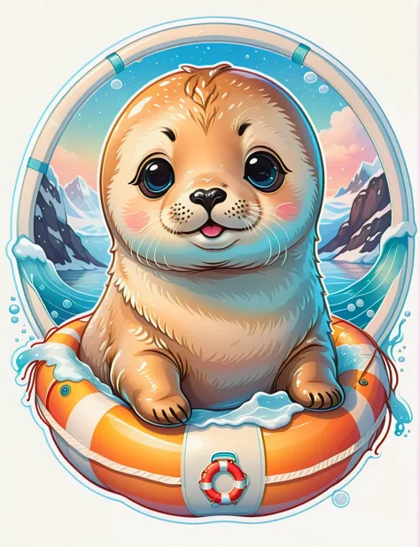 <lora:SDXLCutePets:1> cutepets, an adorable baby seal inside of a lifesaver in the arctic ocean, sticker, kawaii, high quality, ...