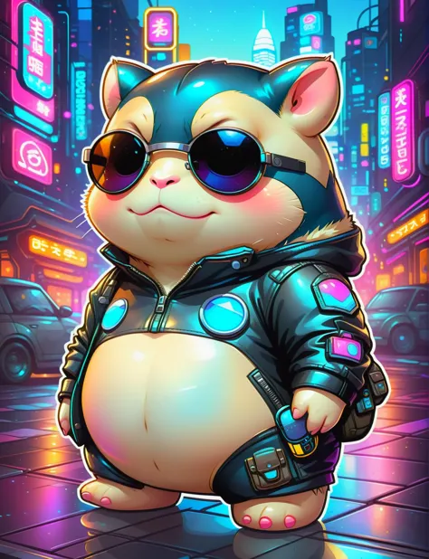 <lora:SDXLCutePets:1> cutepets, an adorable super cute kawaii cyborg snorlax, cyberpunk, wearing sunglasses, leather jacket,  hi...
