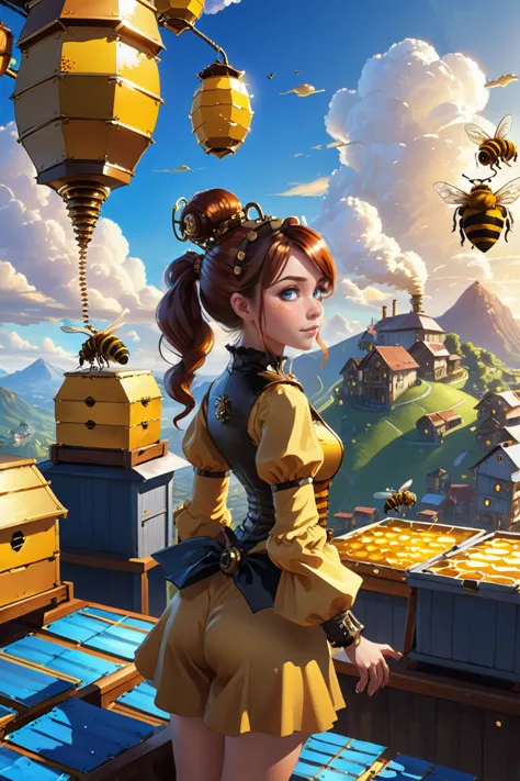 a woman in a yellow dress standing on a roof with bees flying around