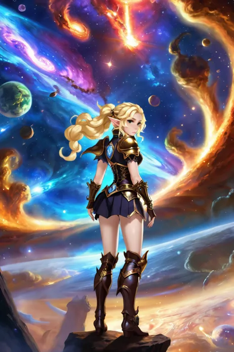 a woman in armor stands on a rock with a space background