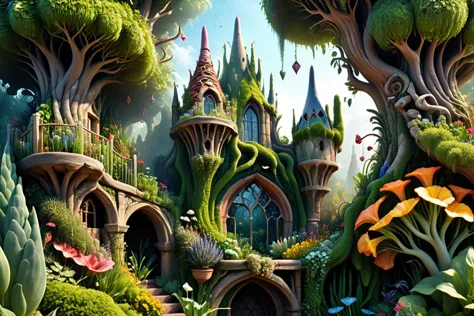 there is a very colorful fantasy castle with a lot of trees