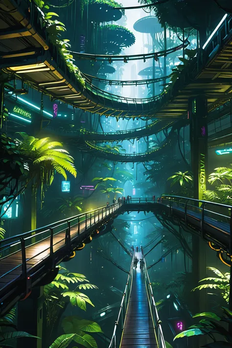 cyberpunk, well-lit interior, in a Rainforest canopy walkway<lora:EnvyBetterHiresFixXL01:0:hr=1><lora:EnvyBeginningOfTimeXL01:1>