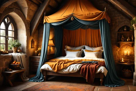 arafed bed with a canopy and pillows in a room with a fireplace