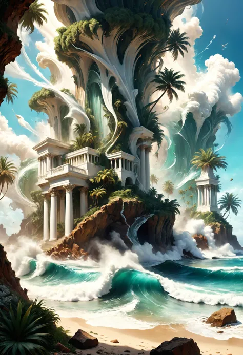 A coastal colonial estate with white pillars, where palm trees sway in the warm breeze, Psionic soldier manipulating energy wave...
