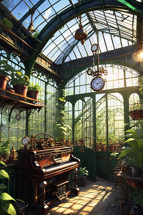 there is a piano in a greenhouse with plants and a clock