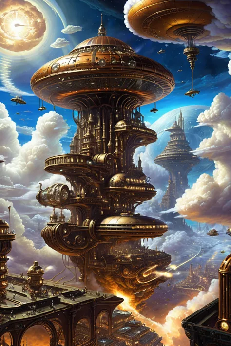 a painting of a futuristic city with a clock tower in the middle