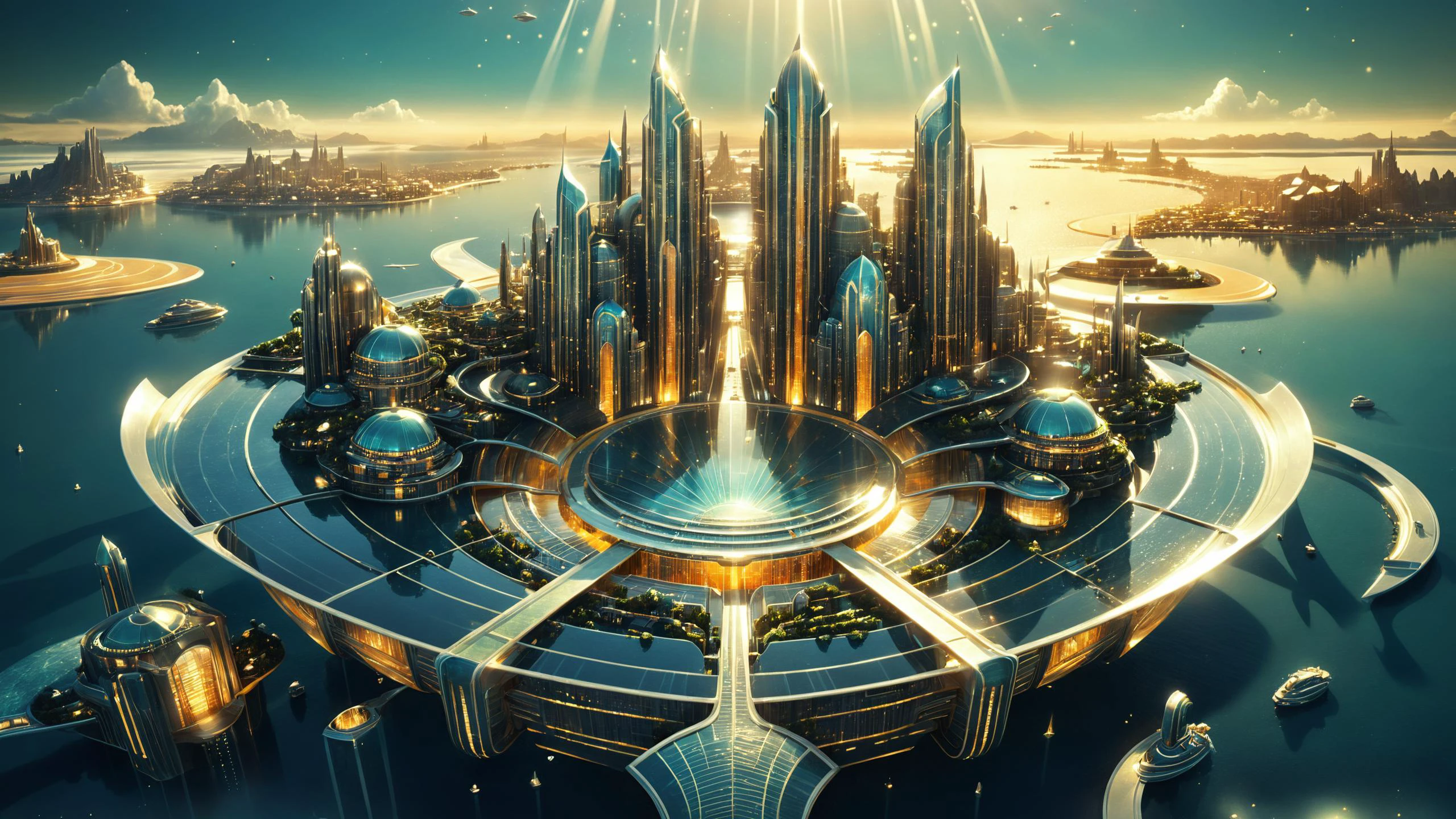 photorealistic, detailed digital illustration of a futuristic floating city in the middle of the ocean, glowwave,  fantasy art deco, archiaerialview, 