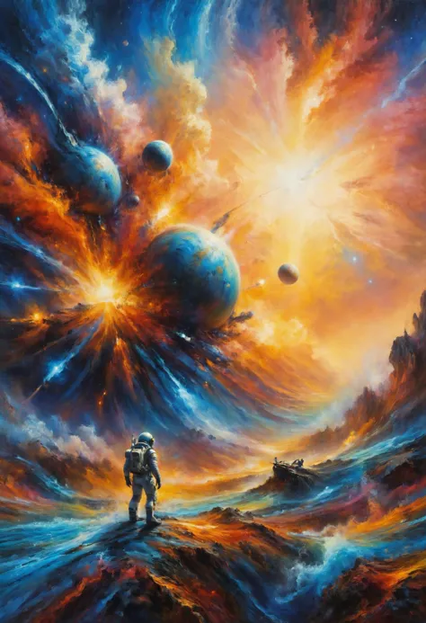 Um astronauta encalhado luta contra os elementos em um planeta hostil, lutando para sobreviver em um ambiente hostil enquanto aguarda o resgate da Terra, Explorador espacial com melhorias cibernéticas em primeiro plano, pintura a óleo impressionista, 